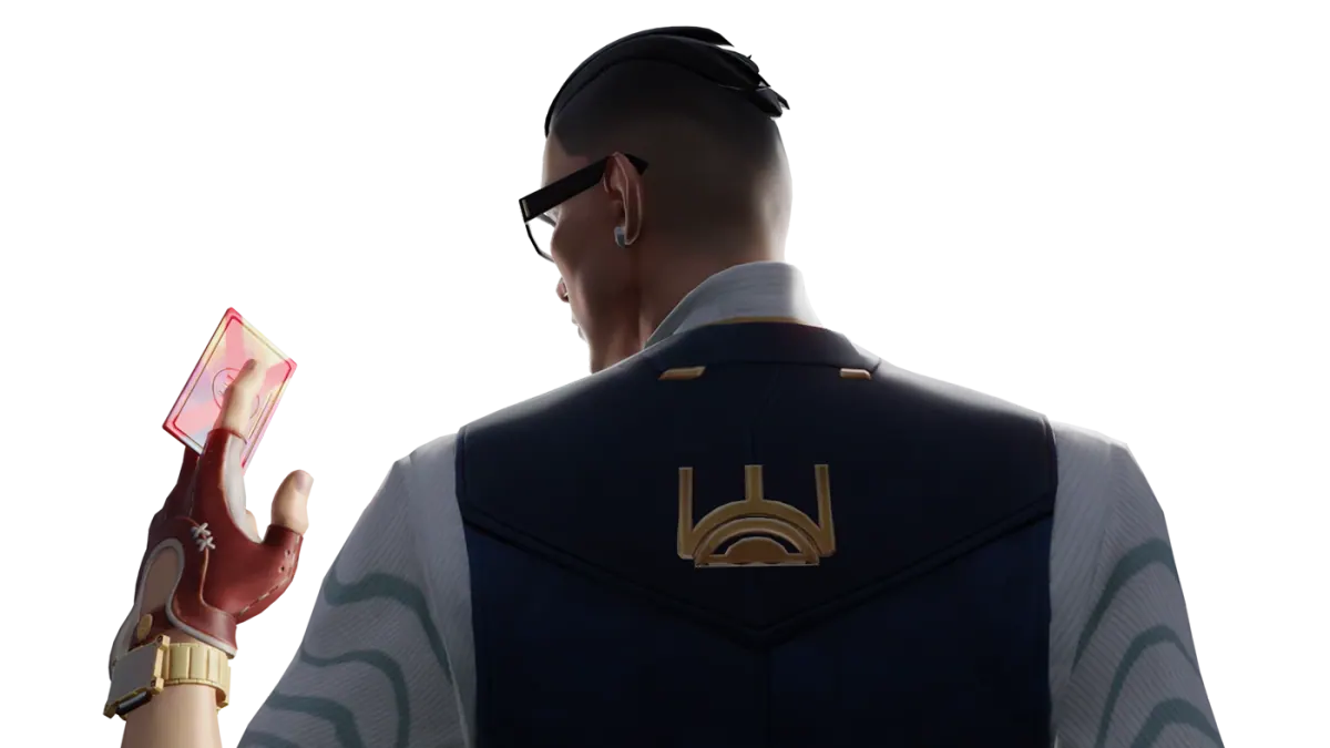 VALORANT agent seen from behind, holding a glowing card